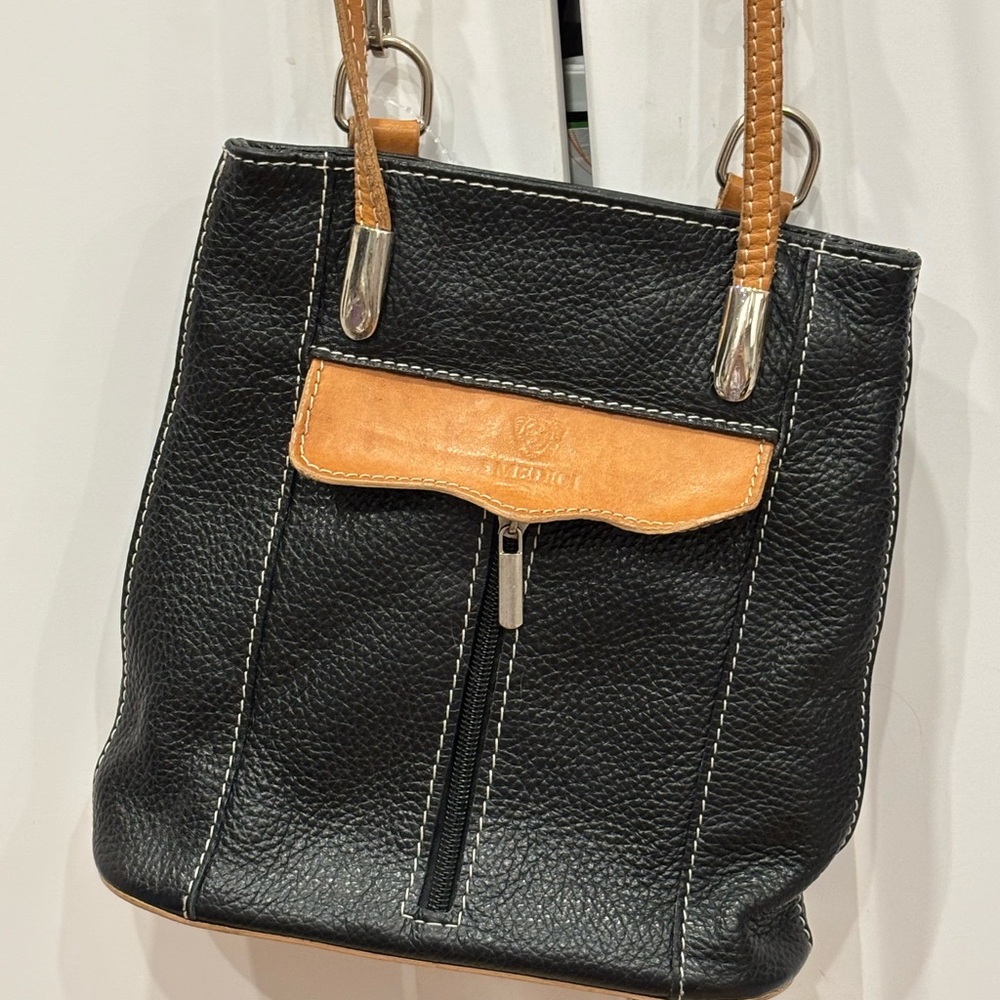 Black and Tan Structured Shoulder Bag with Pebbled Leather